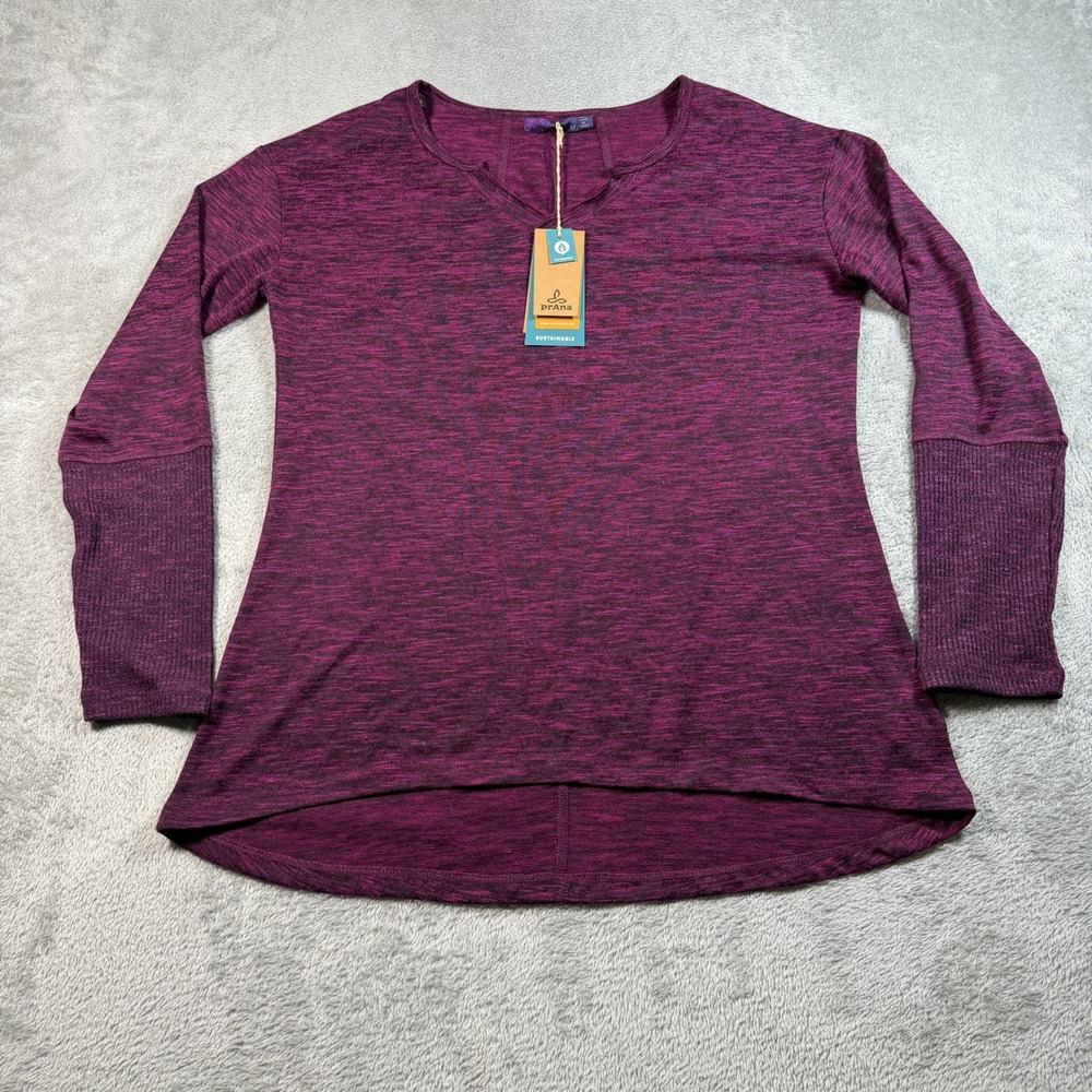 Prana Blythe Pullover Women Medium Dark Plum Space Dye Ribbed Cuffs Sustainable
